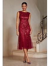 cheap Polished Edit-Women's Mermaid Trumpet Cocktail Dress Wedding Guest Dress Tea Length Boat Neck Sleeveless Elegant Vintage 1980s Mother Of The Bride Party Semi Formal with Mesh Glitter Embroidery Flared Tulle Hem
