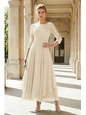 cheap Ankle Length-A-Line Ankle Length Party Dress Cocktail Dress Wedding Guest Dress Mother of the Bride Dress 3/4 Length Sleeve Jewel Neck Elegant Plus Size Wedding Guest Wedding Party Chiffon Lace with Ruched Sequin