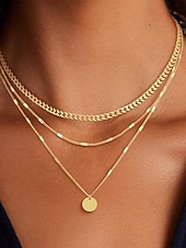voordelige Dames ketting-Damesketting met ronde schijfhanger in goud-zilveren lagen, minimalistische meerlaagse ketting van legering, elegante ketting voor elke dag, geschikt voor vakantie, werk, feestjes en als cadeau.