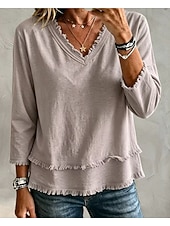  Mujer Camiseta Tee Plano Bohemia Manga Larga Escote en Pico Tops regulares Casual Bleu Ciel Verde Claro Rosa Verde esmeralda Gris Verano Primavera
