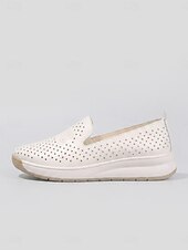 billiga Damsneakers-Women's Beige Perforated Slip-On Walking Shoes with Breathable Hollow-Out Upper - Lightweight Comfort Shoes for Travel, Vacation, Shopping, Daily Walking and Everyday Wear
