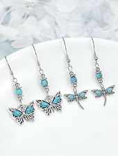 economico Orecchino da donna-Set di orecchini pendenti da donna con libellula turchese e farfalla, orecchini vintage in lega stile boho, gioielli ispirati alla natura per vacanze estive, feste in giardino, festival, regalo