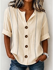  Women's Shirt Blouse Patchwork Buttons Print Striped Elegant Bohemia Short Sleeve V Neck Regular Tops Casual Light Blue White Pink Apricot Summer Spring