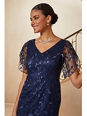  Women's Mermaid Trumpet Cocktail Dress Wedding Guest Dress Ankle Length V Neck Short Sleeve Petal Sleeve High Waist Vintage 1980s Mother Of The Bride Party with Mesh Lace Glitter Flared Tulle Hem