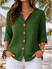 economico Camicie-Per donna Camicie di cotone e lino Blusa Bottoni Tinta unica Quotidiano Casual Manica 3/4 Scollo a V Top lunghi Quotidiano Spiaggia Nero Bianco Rosso Arancione Verde Estate Primavera Autunno