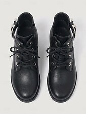 voordelige Botas de combate-Women's Black Cutout Low Heel Combat Boots – Lace-Up Ankle Boots with Adjustable Side Buckle and Durable Non-Slip Sole for Travel and Casual Wear