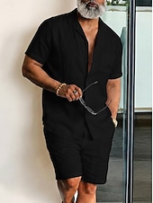 preiswerte Baumwoll-Leinenhemd-Herren Leinenhemd Zweiteilig Hemd Set Und Shorts Leinenshorts Strandshorts Set Einfach Einheitliche Farbe Lässig Täglich Outdoor Umlegekragen Kurzarm Sommer Mode Lässig Bequem Bekleidung