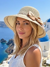 baratos Chapéus Femininos-Chapéu de sol feminino de aba larga em tecido trançado com laço, elegante chapéu de palha multicolorido para o verão, chapéu leve para praia, férias, proteção solar, viagens e atividades ao ar livre.