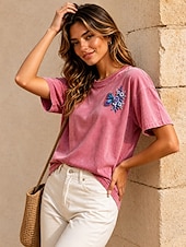 preiswerte Blumen-T-Shirt-Damen 100% Baumwolle Besticktes T-Shirt Grafik Schmetterling Vintage Klassisch Lässig Kurzarm Rundhalsausschnitt Normale Oberteile Lässig Täglich Wochenende Rosa Sommer Frühling