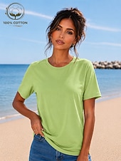 cheap Plain tee-Women's T Shirt Summer Tops Cotton Shirt Tee Top Solid Color Fashion Stylish Basic Short Sleeve Crew Neck Round Neck Regular Tops Casual Daily Beach Blue Khaki Indigo Green with beige Black Summer