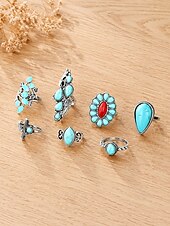 economico Anelli da donna-set di anelli turchesi da donna, anelli impilabili in lega d'argento vintage, gioielli boho sud-occidentali western da cowgirl, anelli vistosi con cactus floreali per vacanze, festival e uso