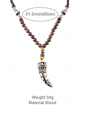 abordables Joyas para hombres-Collar con colgante de cuerno en forma de media luna de estilo bohemio para hombre, cadena larga de cuentas de madera, aleación étnica tribal. &amp;Collar llamativo de cuentas de madera, joyería vintage