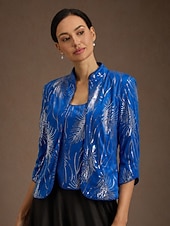  Women's Twinset Blouse Dressy Tops Evening Tops Feather Sequins Elegant 3/4 Length Sleeve Mandarin Collar Regular Tops Party Evening Wear Evening Party Sequins Royal Blue Spring Fall Winter