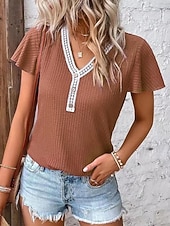  Mulheres Camiseta T-shirt Renda Patchwork Côr Sólida Elegante Moda Estilo bonito Manga Curta Mangas Evasê Decote V Tops regulares Casual Preto Rosa Vinho Azul Marinha Marron Verão Primavera