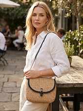 ieftine Genți de călătorie pentru vacanță-Geantă crossbody boemă pentru femei din paie, geantă de umăr țesută de vară cu curea de umăr reglabilă în culorile fildeș și kaki, geantă ușoară pentru vacanță, călătorii, brunch și purtare zilnică