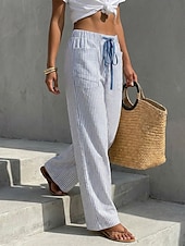 cheap Straight-Leg Pants-Women's Wide Leg Chinos Vacation Fashion Casual Daily Full Length Mid Waist Striped Comfort Inelastic Vacation Formal Blue Black Almond Red Summer Spring Loose Fit