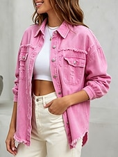  Blusa feminina estilo jeans com bolsos e botões, cor sólida, elegante, para férias, estilo vintage, manga longa com gola dobrada, modelo regular, casual, para uso diário, ao ar livre, nas cores preto, rosa, vermelho, cáqui, verde militar, para outono e in