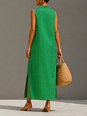  Women's Maxi long Dress Linen Dresses Vintage Daily Vacation Loose Fit Plain Sleeveless Shirt Collar Green Summer