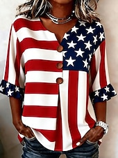  Women's Casual Shirt Summer Tops Blouse Buttons Graphic American Flag Elegant Bohemia Active V Neck Long Tops Casual Blue White and Blue Red / Blue Beige Summer Spring Fall Winter
