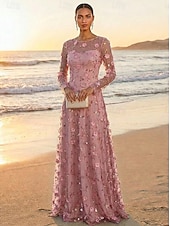 cheap Floor Length-A-Line Dress Floor Length Party Dress Cocktail Dress Mother of the Bride Dress Long Sleeve Crew Neck Elegant Vintage Luxurious Formal Wedding Guest Engagement Party Lace Tulle with 3D Flowers Pleats