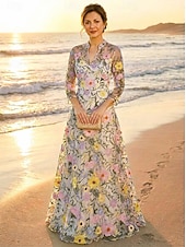 ieftine Lungimea podelei-Linia -A Rochii Lungime Podea Rochie de petrecere Rochie de Cocktail Rochie Mama Miresei Manșon Lung În V Elegant Epocă Luxos Oficial Invitat la nunta Petrecere Logodnă Dantelă Tulle cu Flori 3D