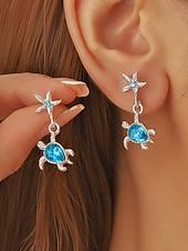 abordables Pendiente de mujer-Pendientes colgantes de tortuga marina para mujer, de aleación de plata, con estrella de mar y cristal azul, ideales para vacaciones, cruceros, resorts, fiestas de verano y bodas costeras.