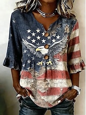  día de la independencia americana Mujer Camisa Botones Estampado Graphic Bandera Estrella Vintage Elegante Manga 3/4 Escote en Pico Tops regulares Casual Diario Festivos Azul Piscina Blanco Rojo Azul
