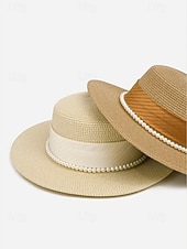 cheap Women's Hats-Women's Flat Top Straw Boater Hat, Pearl Trim Summer Sun Hat, Multiple Colors, Elegant Wide Brim Vacation Beach Hat for Travel, Resort, Garden Party &amp; Daily Wear