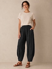 abordables Collection de Lin en Premium-Pantalon large en lin pour femme, taille mi-haute, poches pleine longueur, ceinture élastique, couleur bordeaux et bleu azur, idéal pour les vacances