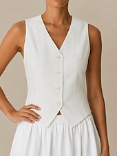 tanie Zwykły zbiornik-Damskie Bezrękawnik Koszulka Guziki Jednokolorowe Elegancja Moda Bez rękawów W serek Crop Topy Codzienny złamana biel Lato Wiosna
