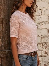  Damen Spitzentops Spitze Netz Blumen Grafik Elegant Mode Kurzarm Rundhalsausschnitt Normale Oberteile Lässig Weiß Schwarz Rosa Sommer Frühling