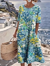 cheap Casual Floral Dresses-Women's Midi Dress Sundress A Line Dress Summer Dress Fit And Flare Dress Vacation Party Casual Daily Office Beach Loose Fit Graphic Abstract Half Sleeve Crew Neck Blue Red Green Summer Spring Fall