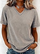economico T-shirt semplice-T-shirt da donna softfade™ 100% cotone - maglietta vintage di qualità a maniche corte con scollo a V