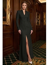 preiswerte Smokingkleider-Damen Smokingkleid Meerjungfrauenschnitt Meerjungfrau Hochzeitsgast Stretch-Crêpe Elegant Hoher Schlitz Langarm Bodenlang V Ausschnitt
