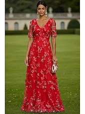 economico Lunghezza del pavimento-Linea ad A Abito Lunghezza al pavimento Vestito maxi Vestito da Festa Abito da Cocktail Abito da cerimonia per signora Manica Corta Scollo profondo Elegante Vintage Lussuoso Formale Ospite di nozze