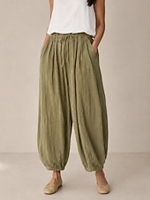 baratos Coleção de Linho Premium-Calça lanterna feminina de linho orgânico com cintura elástica e bolsos.