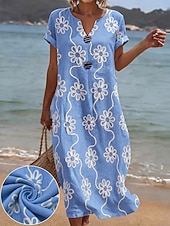  Robe brodée pour femme, robe midi à fleurs, robe d'été, basique classique pour tous les jours, vacances, coupe classique, manches courtes, col en V, bleu et blanc, été, printemps