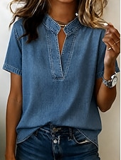  Camisa de mujer estilo denim, algodón lavado, estilo boho, encaje, patchwork, denim, color liso, estilo vintage western, casual, manga corta, cuello cuadrado, tops regulares, casual, diario,