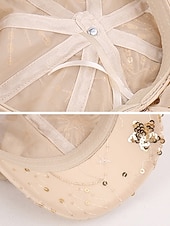voordelige Dameshoeden-Zomerse pet met pailletten en sterrenmotief voor dames, gemaakt van ademend mesh. &amp;linnenmix, resort &amp;Platte reishoed, champagne goudbeige/wit/zwart, elegante dameshoed
