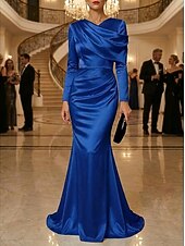 cheap Mermaid Evening Dresses-Mermaid Trumpet Floor Length Evening Gown Elegant Empire Waist Evening Long Sleeve High Neck Evening Party Wedding Stretch Satin with Pleats Solid Color