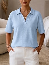  Mulheres Camiseta Camisas Polo Camisetas Tops de tricô waffle Tecido Moda à moda Básico Manga Curta Colarinho de Camisa Tops regulares Casual Diário Para Noite Azul Preto Branco Azul Céu Laranja