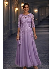 preiswerte Bodenlänge-A-Linie Bodenlang Spitzenkleid Brautmutterkleid Langarm Rundhalsausschnitt Illusionsausschnitt Elegant Vintage Formell Hochzeitsgast Hochzeitsfeier Chiffon Spitze mit Blumenmuster 3D-Blumen Stickerei