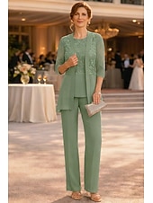 cheap Mom's Pant Suits-Pantsuit Ankle Length Mother of the Bride Dress Half Sleeve Crew Neck Elegant Vintage Formal Wedding Guest with Solid Color