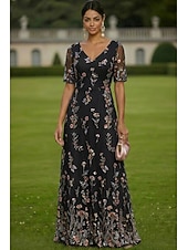 economico Lunghezza del pavimento-Linea ad A Abito Lunghezza al pavimento Vestito maxi Vestito da Festa Abito da Cocktail Abito da cerimonia per signora Manica Corta Scollo a V Elegante Vintage Lussuoso Formale Ospite di nozze Derby