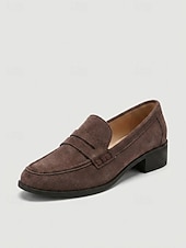 Недорогие Женские слипоны и лоферы-Women's Brown Suede Loafers - Penny Chunky Heel Slip-On Shoes for Pleated Skirts, Casual Streetwear