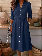 abordables Vestidos-Mujer Vestido hasta la Rodilla Vestidos de lino y algodón Vestido de Camisa Elegante Vacaciones Clásico Diario Oficina Vacaciones Ajuste regular Plano Manga Larga Escote en Pico Rojo Azul Marino