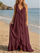 baratos Vestido branco-Mulheres Vestido Longo Vestido casual Vestido de verão Vestido plissado Básico Clássico Diário Praia Férias Ajuste Largo Tecido Sem Manga Decote V Azul Branco Rosa Vinho Verão Primavera