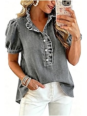  Damen Bluse Einfarbig Stilvoll Basic Lässig Kurzarm Stehkragen Lange Oberteile Lässig Täglich Blau Schwarz Dunkelblau Grau Sommer Frühling