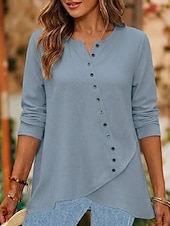  bluză de damă aspect denim culoare uni elegantă vintage la modă mânecă lungă decolteu în V topuri obișnuite casual albastru albastru celest vară toamnă