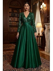 economico Abiti da Sera a Linea A-Linea ad A Lunghezza al pavimento Abito da Sera Da principessa Abito formale Elegante Scintillante Setoso Manica Lunga Scollo a V Matrimonio Formale Tasca Raso Con Paillettes con Glitter Pieghe Tasca